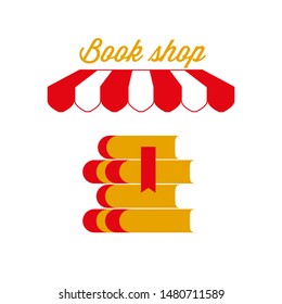 Book Shop Sign, Emblem. Red and White Striped Awning Tent. Stack of Books. Gold and Red Colors. Flat Vector Illustration.