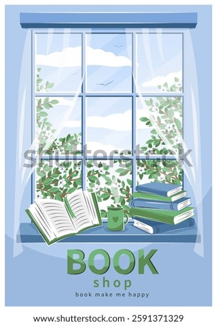 Book shop. Spring window with landscape and books on the sill. Cozy vector illustration  for bookstore, library, sale in bookshop.
