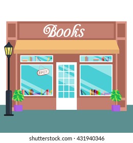 Book shop and store, building front flat style. Vector illustration