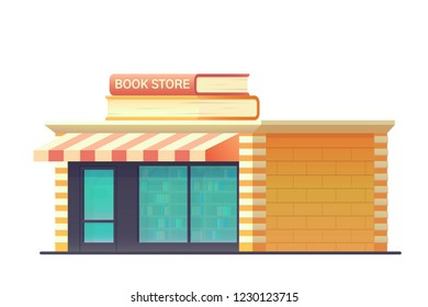 Book shop store building isolated on white background. Shop building with a glass-glazed storefront. Vector flat illustration.