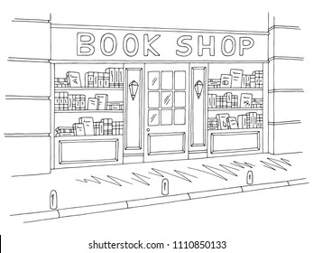 Book Shop Store Exterior Graphic Black White Sketch Illustration Vector