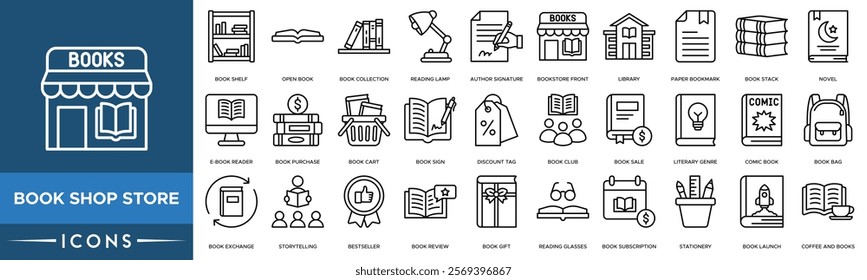 Book shop store  icon. Book Shelf, Open Book, Book Collection, Reading Lamp and Author Signature