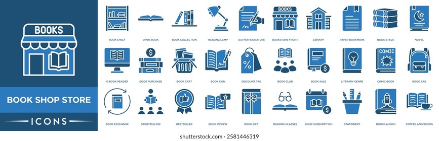 Book shop store icon. Book Shelf, Open Book, Book Collection, Reading Lamp and Author Signature