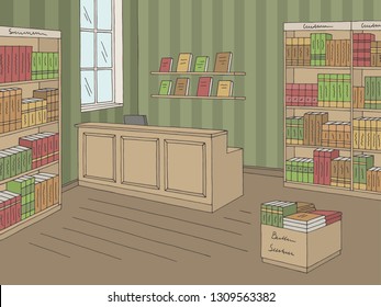 Book shop store interior graphic color sketch illustration vector