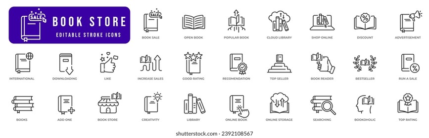 Book shop store line icons set