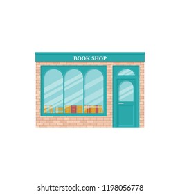 Book shop, storefront. Vector. Vintage store front. Facade retail building with window. Exterior house, retro street architecture. Cartoon illustration isolated in flat design.  