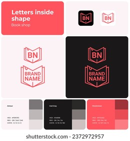 Book shop thin line logo with brand name. Simple icon. Creative design element and visual identity. Template with font. Suitable for book, literature, store, shopping, library.