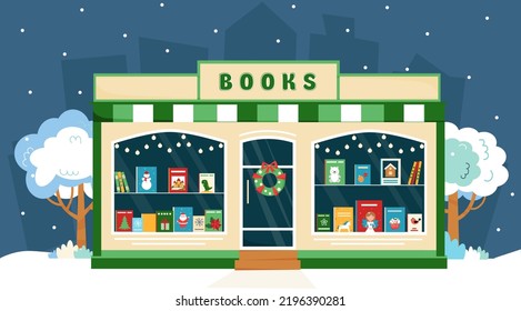 Book Shop Window With Christmas Decoration. Christmas Shop. Books On The Shop Window. Book Shop Front. Vector Illustration In Flat Style. 