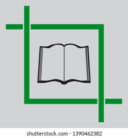 Book sign. Black icon inside green crop tool at light gray background