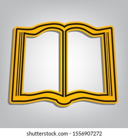 Book sign. Flat orange icon with overlapping linear black icon with gray shadow at whitish background. Illustration.