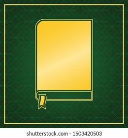 Book sign. Golden icon with gold contour at dark green gridded white background. Illustration.