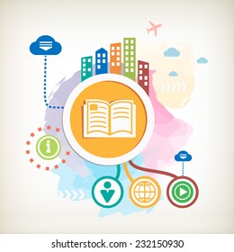 Book sign icon  and city on abstract colorful watercolor background with different icon and elements. Design for the print, advertising, banner.