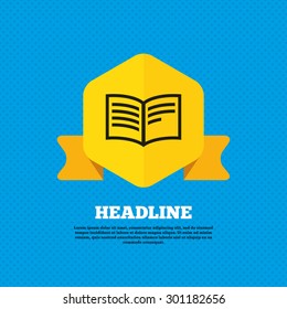 Book sign icon. Open book symbol. Yellow label tag. Circles seamless pattern on back. Vector