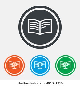 Book sign icon. Open book symbol. Graphic design web element. Flat book symbol on the round button. Vector