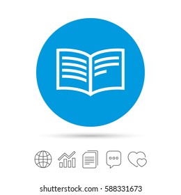 Book sign icon. Open book symbol. Copy files, chat speech bubble and chart web icons. Vector