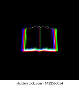 Book sign. Red, green and blue unfocused contour icon at black background. Illustration.