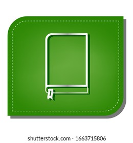 Signo del libro. Icono de línea de gradiente plateado con sombra verde oscuro en hoja verde con parches ecológicos. Ilustración.