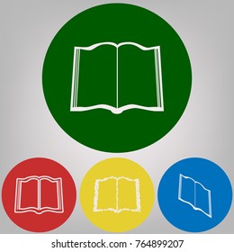 Book sign. Vector. 4 white styles of icon at 4 colored circles on light gray background.