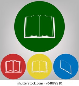 Book sign. Vector. 4 white styles of icon at 4 colored circles on light gray background.