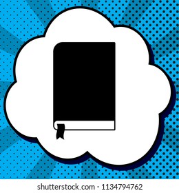 Book sign. Vector. Black icon in bubble on blue pop-art background with rays.