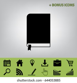 Book sign. Vector. Black icon at gray background with bonus icons 