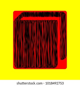 Book sign. Vector. Black scribble icon in red container with rounded corners at yellow background. Isolated.