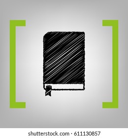 Book sign. Vector. Black scribble icon in citron brackets on grayish background.