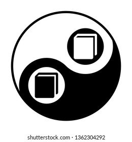 Book sign. Vector. Black and white icon inside circles of yin and yang symbol at white background.