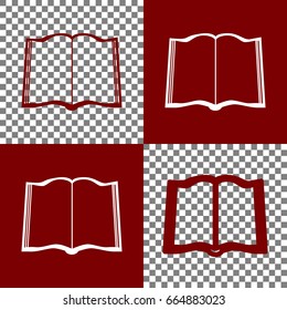 Book sign. Vector. Bordo and white icons and line icons on chess board with transparent background.