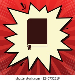 Book sign. Vector. Dark red icon in lemon chiffon shutter bubble at red popart background with rays.