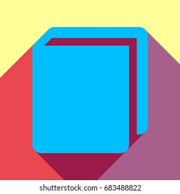 Book sign. Vector. Deep sky blue icon with two flat violet and raspberry semitransparent shadows on canary background.