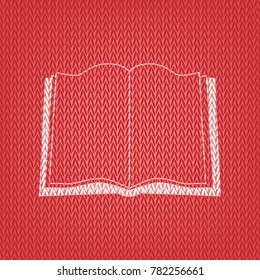 Book sign. Vector. Knitted white icon on a red knitted background.