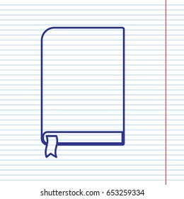 Book sign. Vector. Navy line icon on notebook paper as background with red line for field.