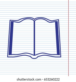 Book sign. Vector. Navy line icon on notebook paper as background with red line for field.