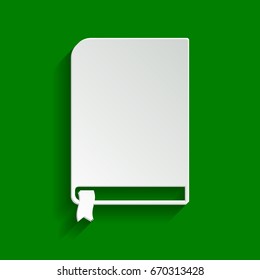 Book sign. Vector. Paper whitish icon with soft shadow on green background.