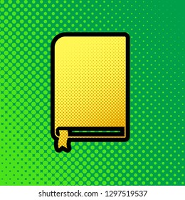 Book sign. Vector. Pop art orange to yellow dots-gradient icon with black contour at greenish background.