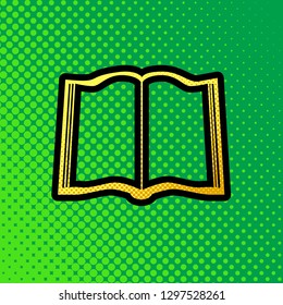 Book sign. Vector. Pop art orange to yellow dots-gradient icon with black contour at greenish background.