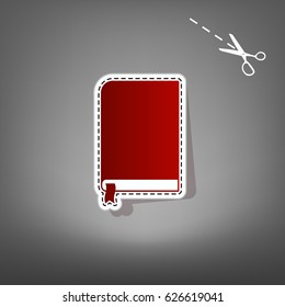 Book sign. Vector. Red icon with for applique from paper with shadow on gray background with scissors.