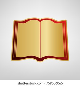 Book sign. Vector. Red icon on gold sticker at light gray background.