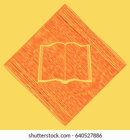 Book sign. Vector. Red scribble icon obtained as a result of subtraction rhomb and path. Royal yellow background.