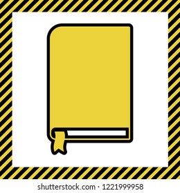 Book sign. Vector. Warm yellow icon with black contour in frame named as under construction at white background. Isolated.