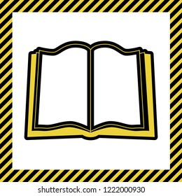 Book sign. Vector. Warm yellow icon with black contour in frame named as under construction at white background. Isolated.