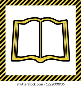 Book sign. Vector. Warm yellow icon with black contour in frame named as under construction at white background. Isolated.