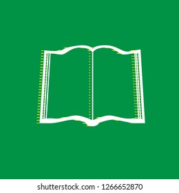 Book sign. Vector. White flat icon with yellow striped shadow at green background.