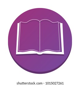 Book sign. Vector. White icon with flat shadow on purpureus circle at white background. Isolated.