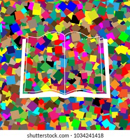 Book sign. Vector. White icon on colorful background with seamless pattern from squares.
