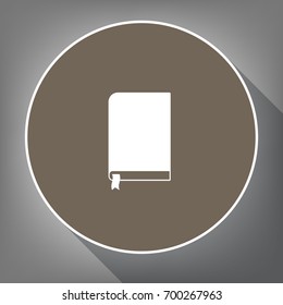 Book sign. Vector. White icon on brown circle with white contour and long shadow at gray background. Like top view on postament.