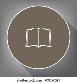 Book sign. Vector. White icon on brown circle with white contour and long shadow at gray background. Like top view on postament.