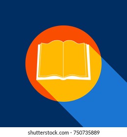 Book sign. Vector. White icon on tangelo circle with infinite shadow of light at cool black background. Selective yellow and bright navy blue are produced.