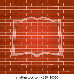 Book sign. Vector. Whitish icon on brick wall as background.